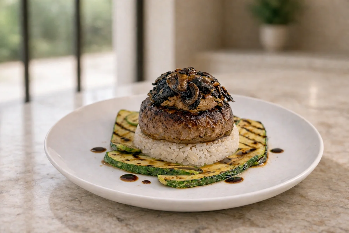 Gourmet beef steak with zucchini prepared by private chef in Mallorca villa kitchen