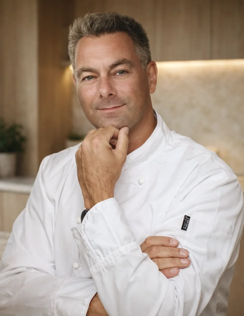 Portrait of chef Wesley Kutner in a white chef coat standing in a kitchen, with one hand on his chin and the other crossed over his chest, smiling confidently at the camera.