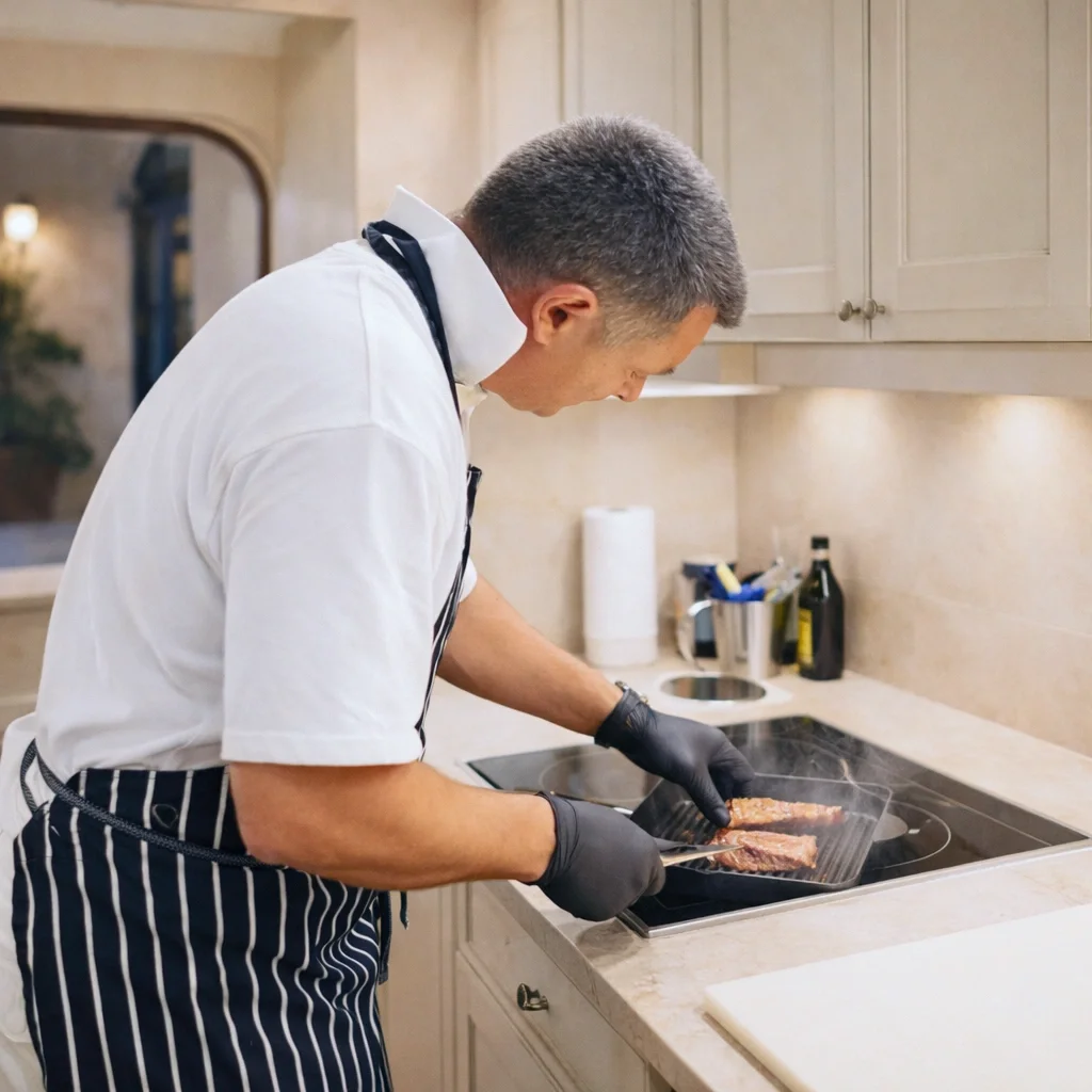 Private chef Wesley cooking fresh meal in a Mallorca villa kitchen in Andratx