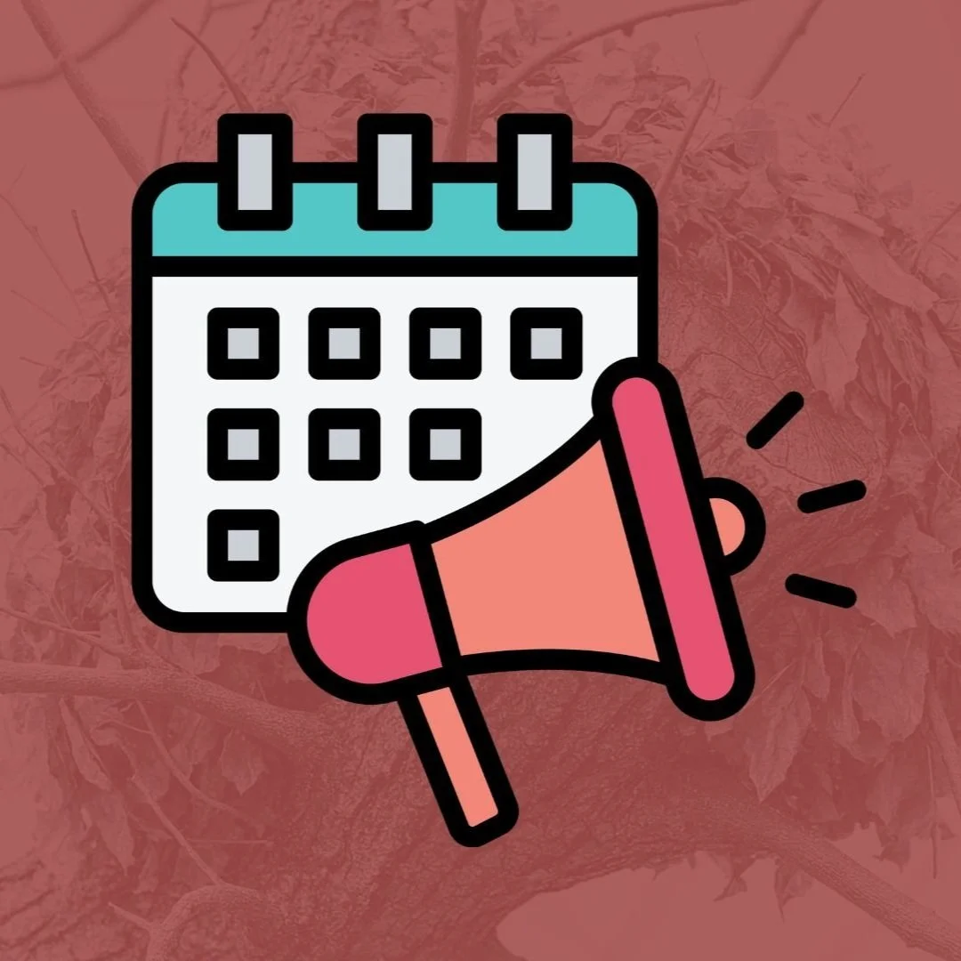 Icon of a calendar with a megaphone in front of it, on a pinkish-brown textured background.