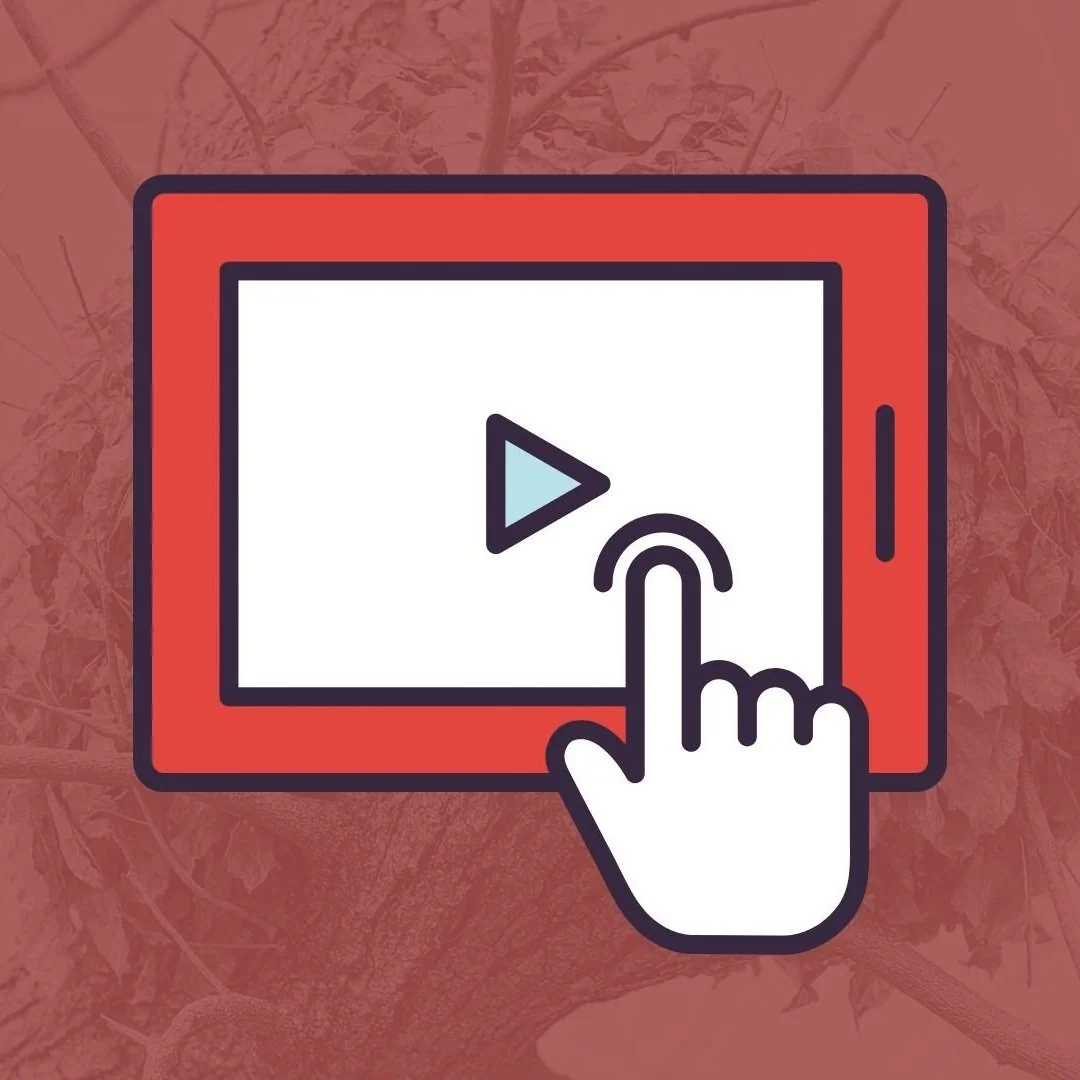 A digital illustration of a handheld device with a red border, displaying a play button on the screen. A white hand icon with a black outline touches the screen, implying interaction or clicking on the play button.