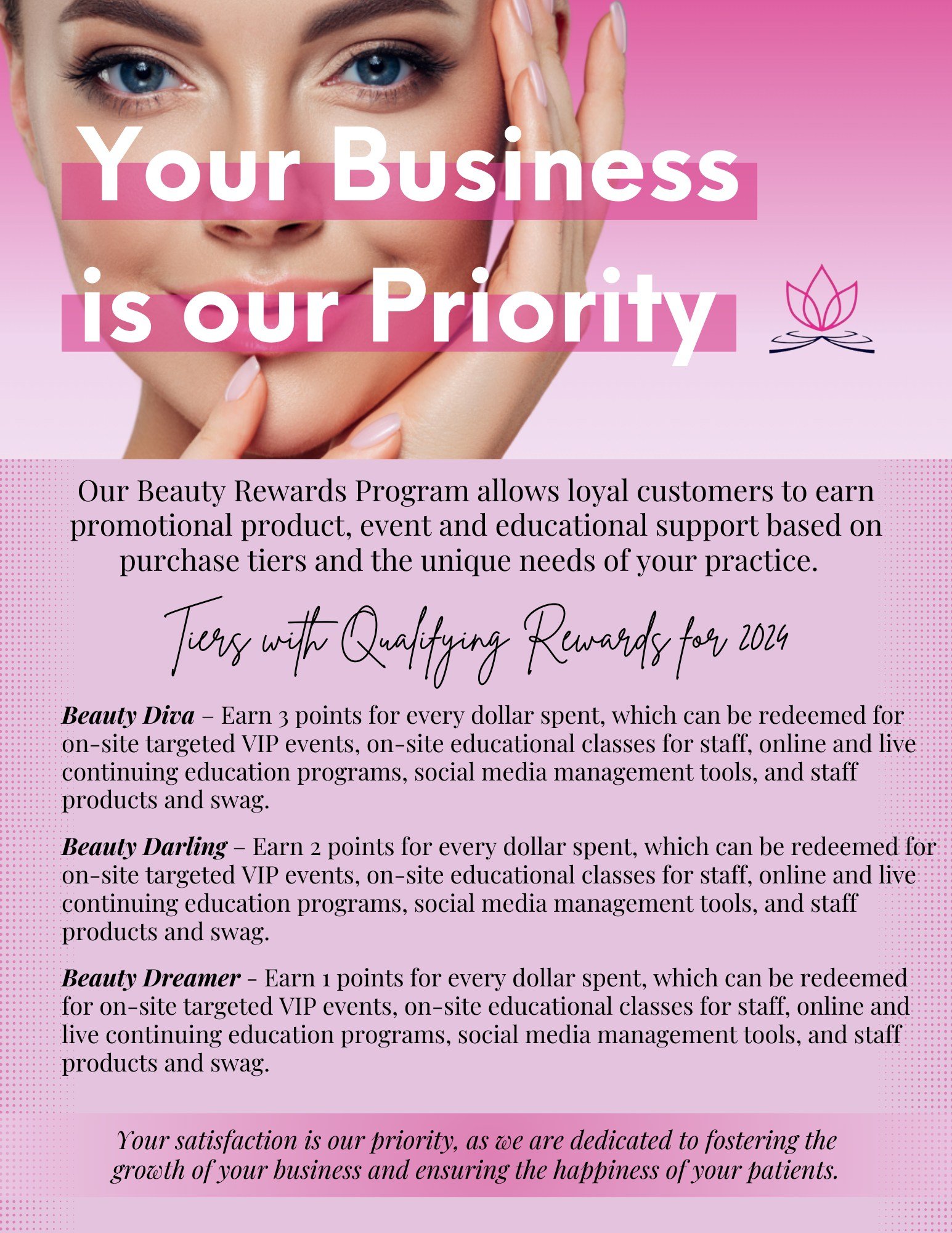 At The Beauty Architects, our Beauty Rewards Program allows loyal customers to earn promotional products, event access, and educational support based on purchase tiers and the unique needs of your practice. With our tier system&mdash;Beauty Diva, Bea