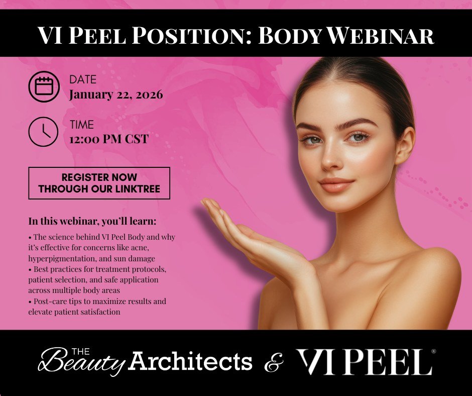 Join the @vipeel webinar January 22, 2026 at 12:00 PM CT for an expert-led, 60-minute class designed to help you confidently and safely position VI Peel Body for optimal results. 

In this webinar, you&rsquo;ll learn:
&bull; The science behind VI Pee