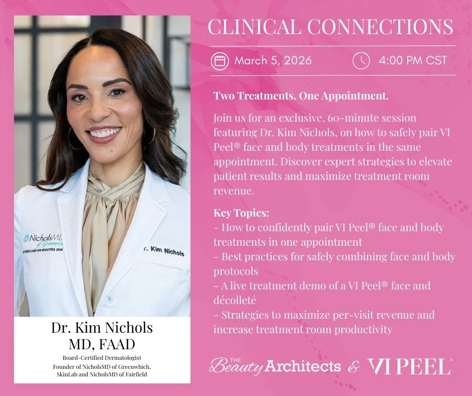 Two Treatments. One Appointment.

Join us for an exclusive 60-minute webinar with Dr. Kim Nichols, as she shares expert insight on how to safely and effectively pair @vipeel face and body treatments in a single appointment.

Learn best practices, wat