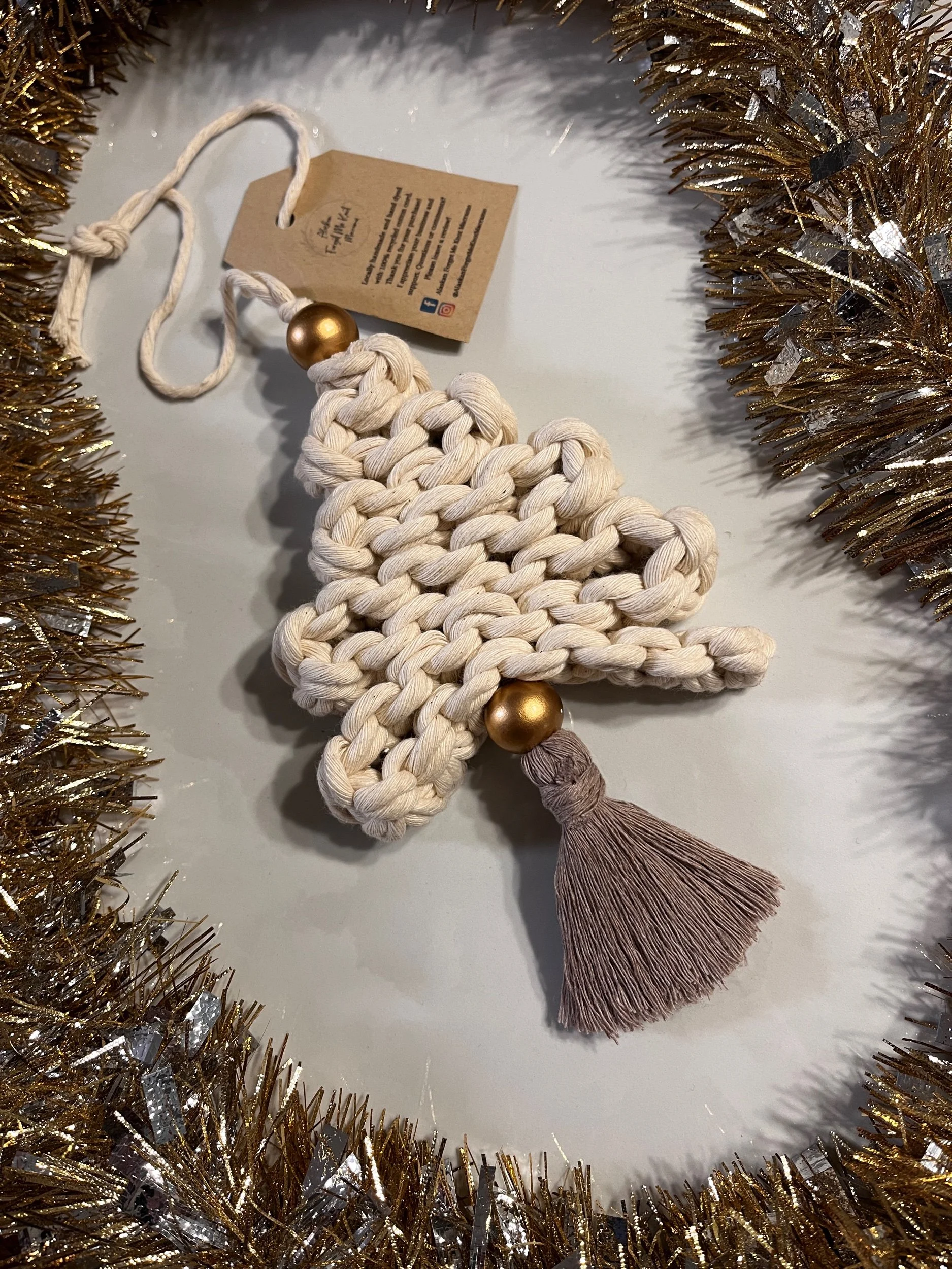 Christmas tree macrame rear view mirror charm