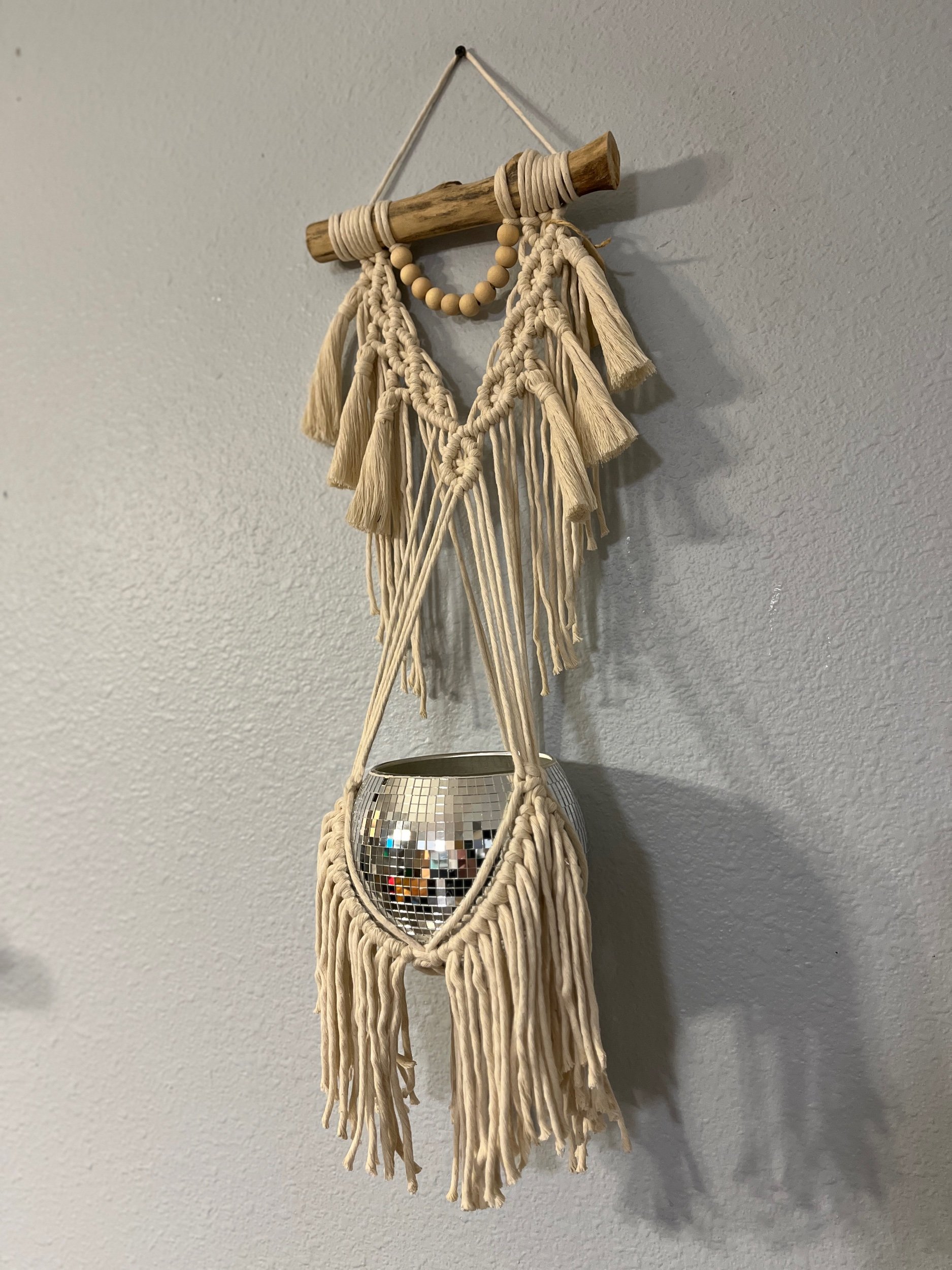 Fringed Macrame Disco Ball planth hanger with wooden beads