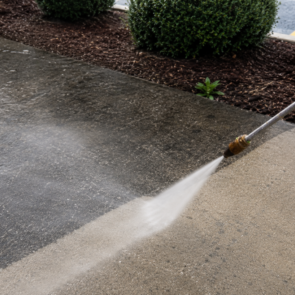 A pressure washer nozzle spraying water on a sidewalk, with a garden bed and bush in the background.