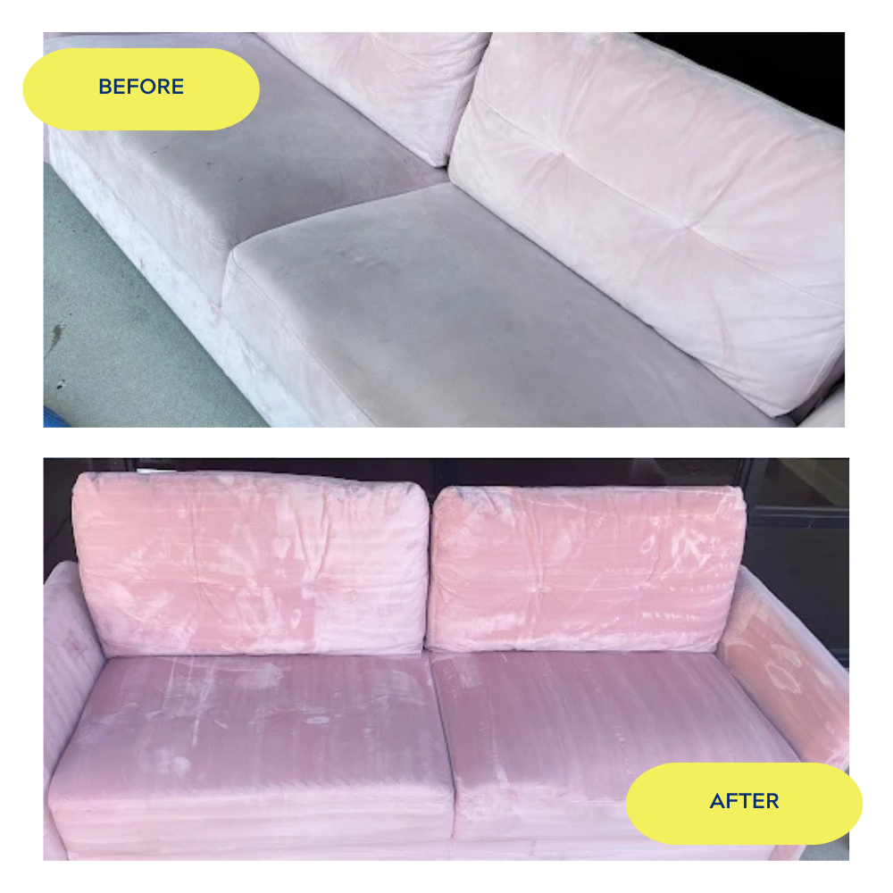 Comparison of a sofa before and after cleaning, showing a significantly cleaner, pink-colored upholstery in the after image.