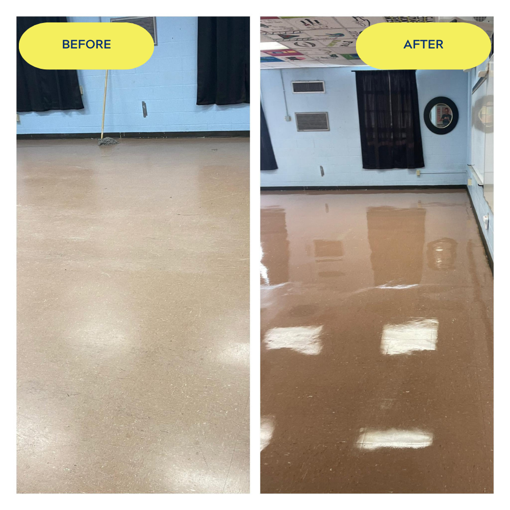 Comparison image showing a floor before and after cleaning or polishing. The "Before" side has a dull, matte finish, while the "After" side has a shiny, reflective surface.