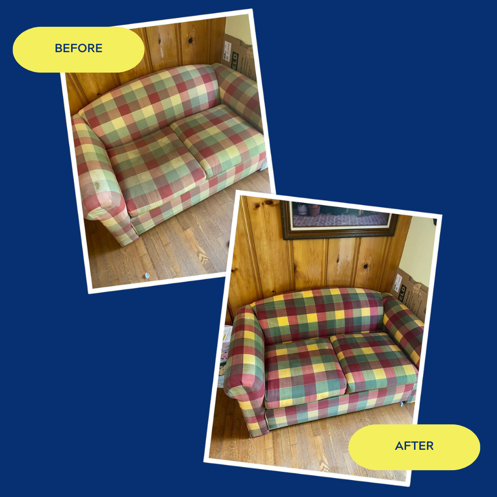 Side-by-side comparison of a plaid couch before and after cleaning, with the "before" couch appearing dirtier and the "after" couch looking cleaner.