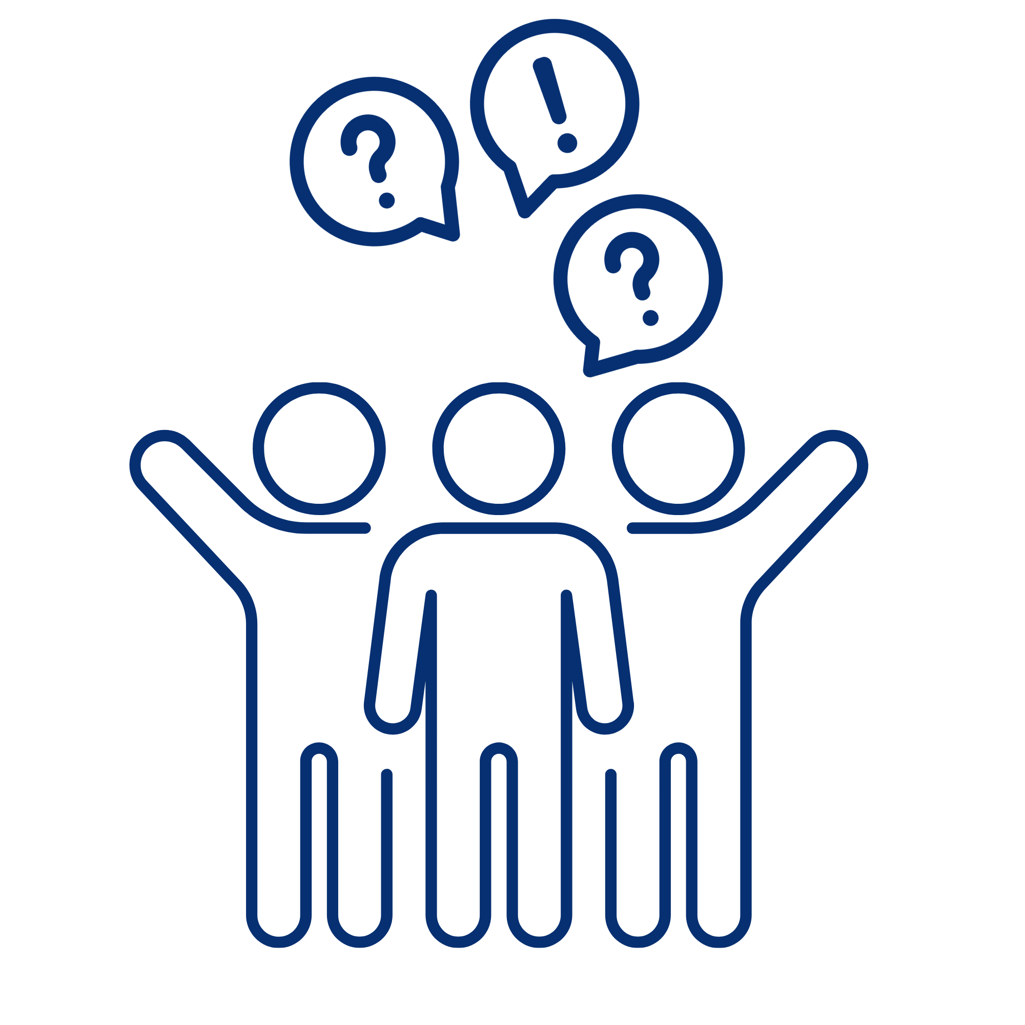 Blue outline of a person with three speech bubbles containing question and exclamation marks above it, symbolizing communication or discussion.