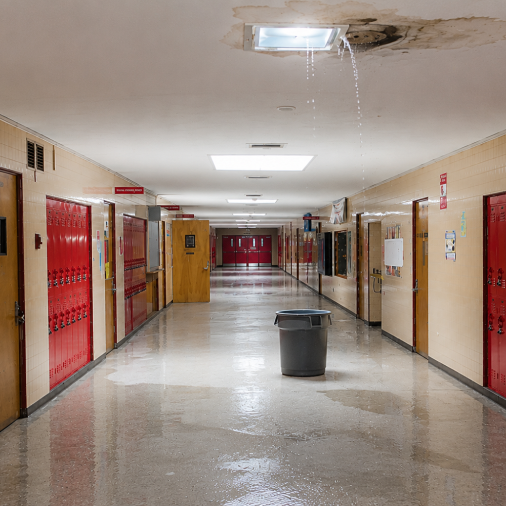 Empty hallway in a school with red lockers, a black trash can, water leaking from a damaged ceiling.