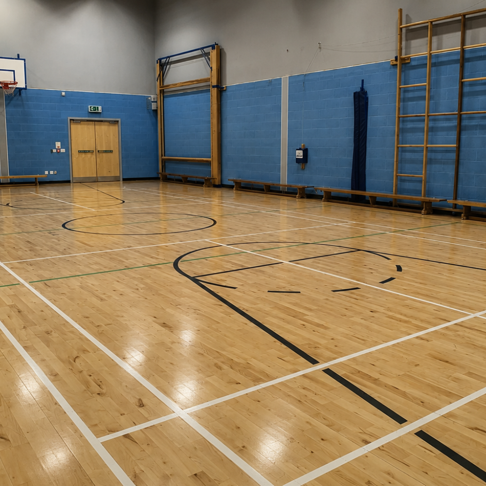 Empty indoor gymnasium with hardwood floor, basketball hoop, blue wall padding, and gymnastic climbing and exercise equipment.