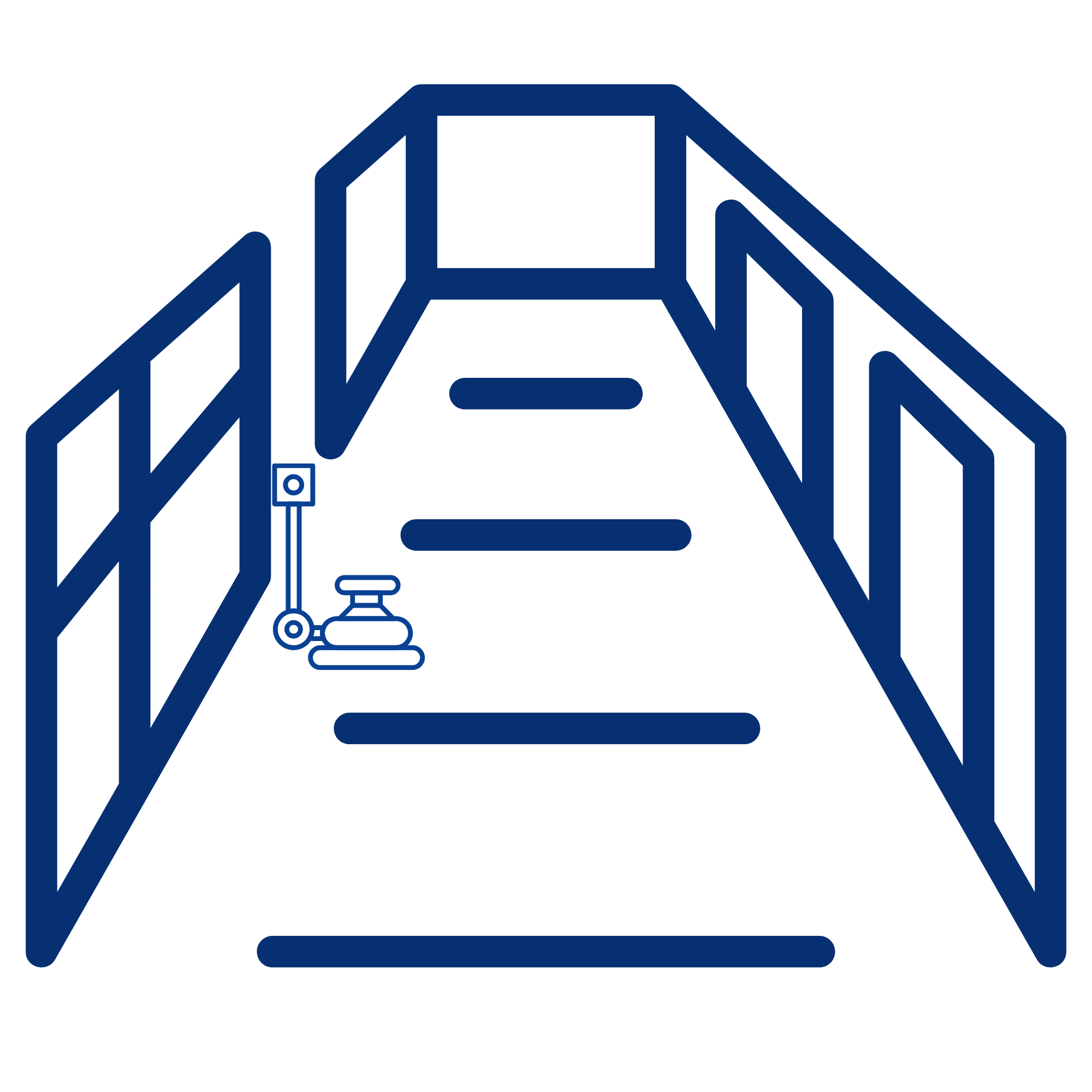 Line drawing of a roller coaster train with a canopy and tracks