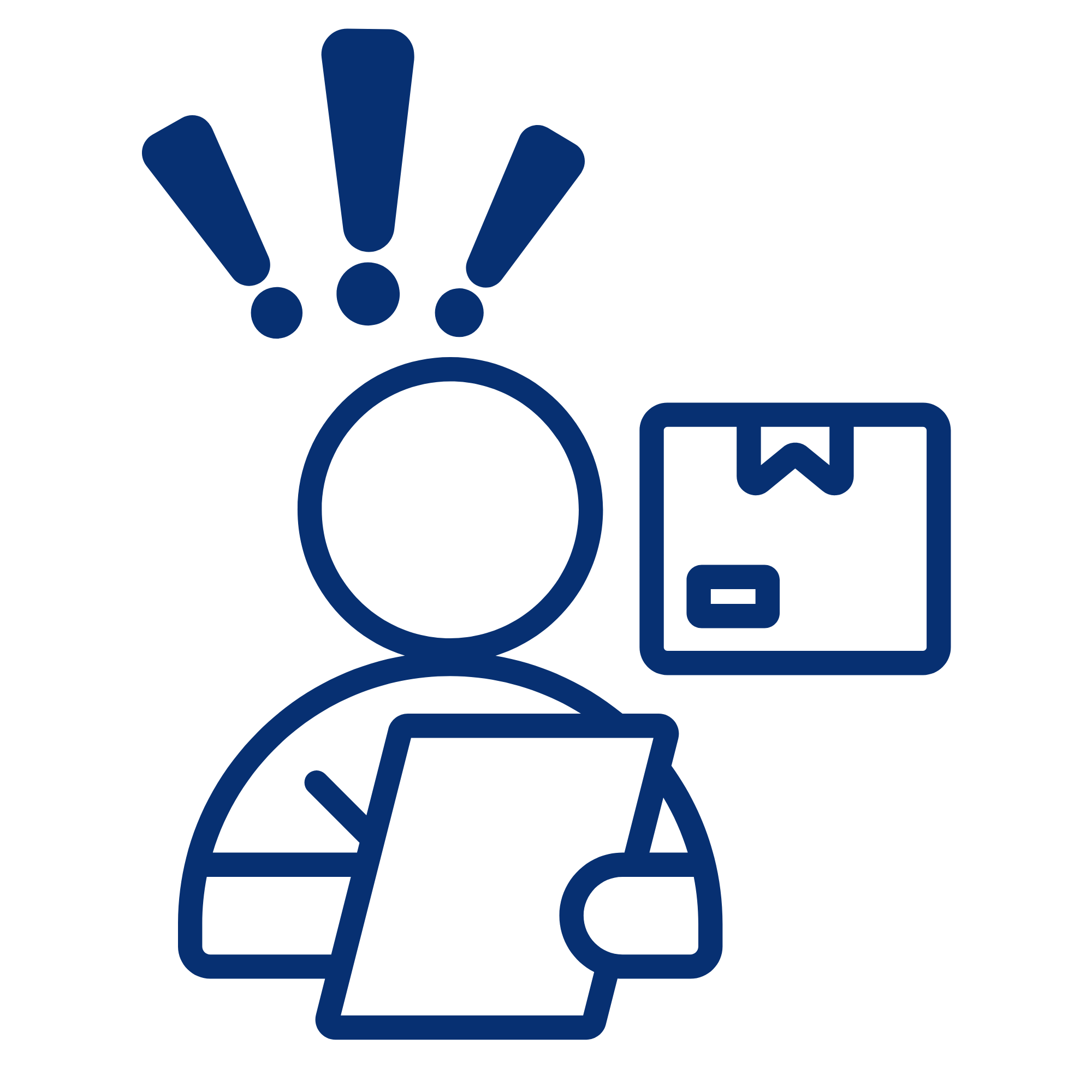 A minimalistic line drawing of a person with an exclamation mark above their head, a question mark inside a circle near their chest, and a calendar icon beside them.