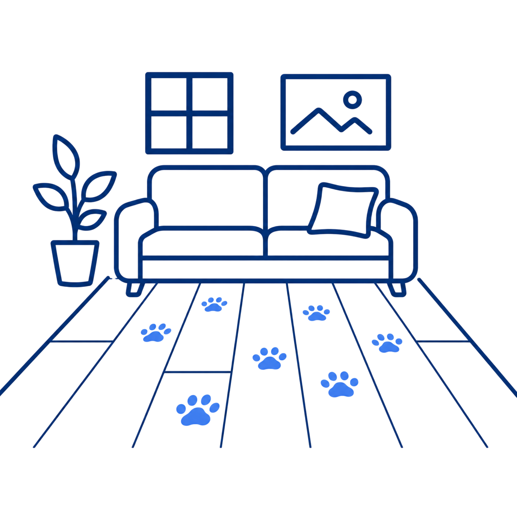 Digital illustration of a living room with a sofa, plants, and framed pictures on the wall, with a dark background.
