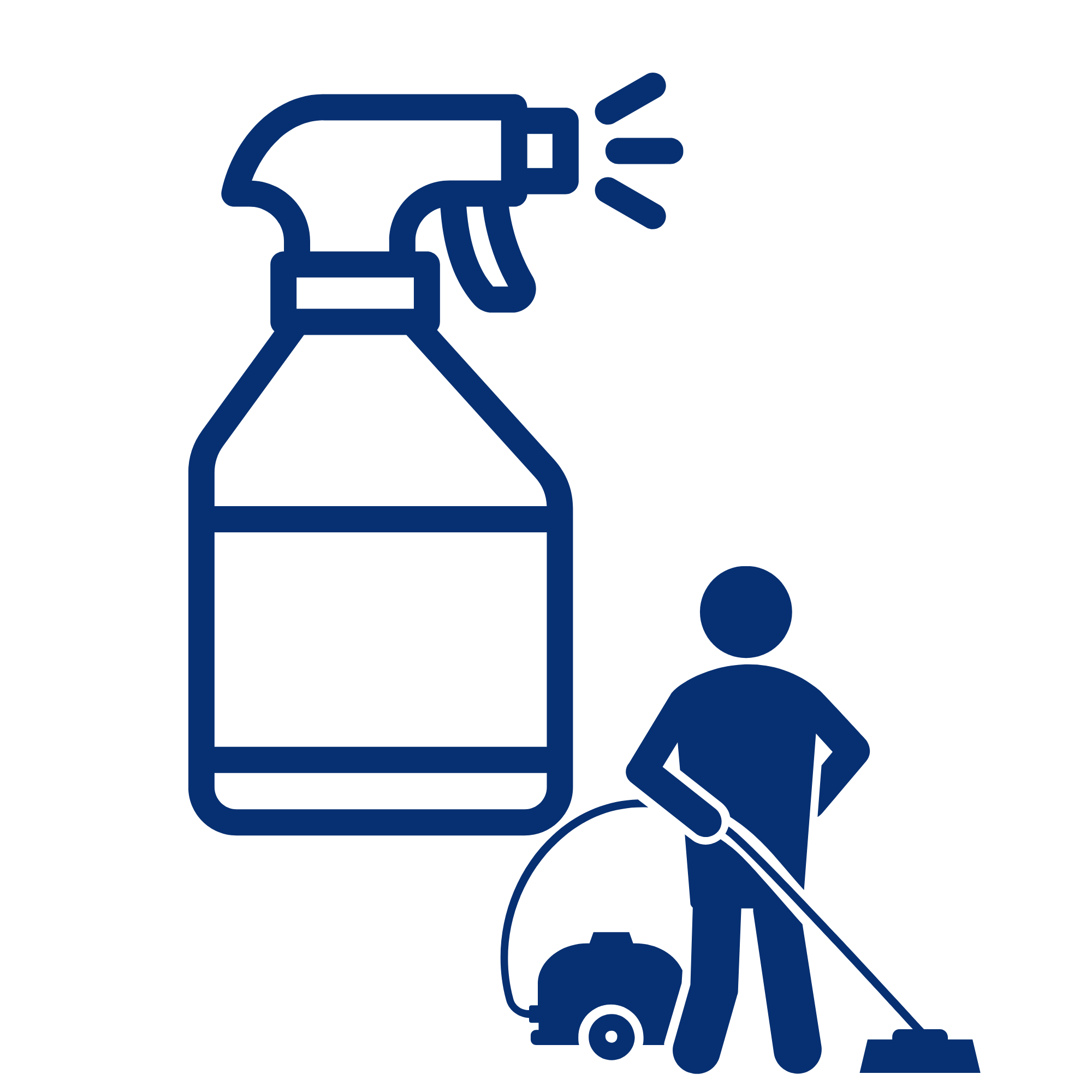 Icon of a person cleaning with a spray bottle and cloth, wearing an apron.