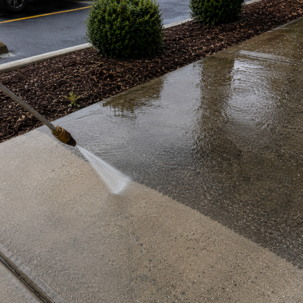 A person is power washing a concrete sidewalk, with water and soap being sprayed onto the surface, making it wet and cleaner.