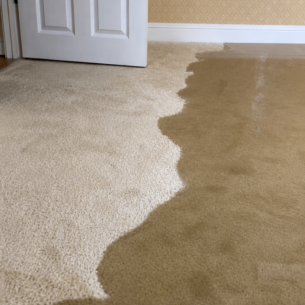Comparison of new and wet carpet showing the difference in color and texture, with a white door and patterned yellow wallpaper in the background.