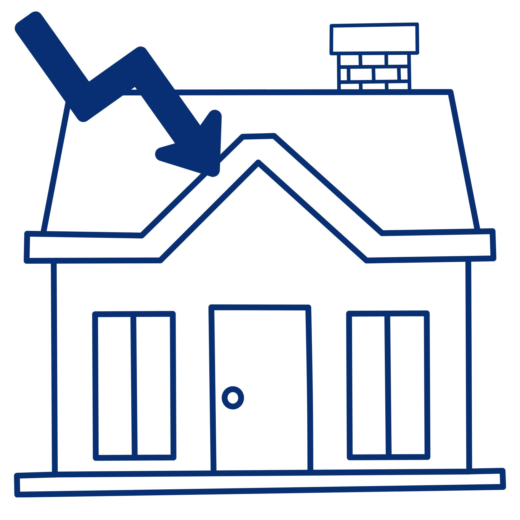An illustrated blueprint or schematic of a house with a chimney, showing architectural or construction details.