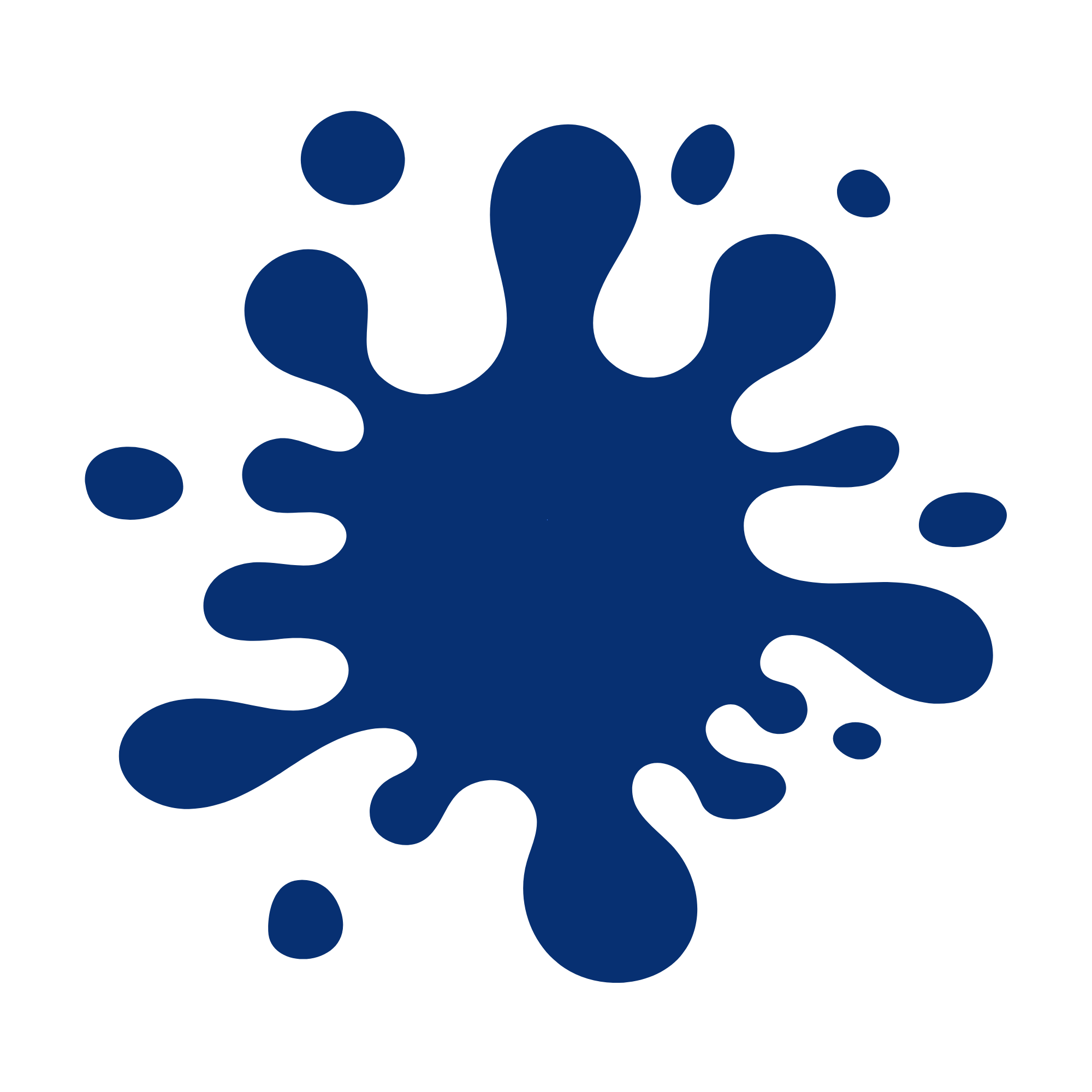 Illustration of a navy blue handprint on a black background with blue ink splotches and splashes surrounding it.