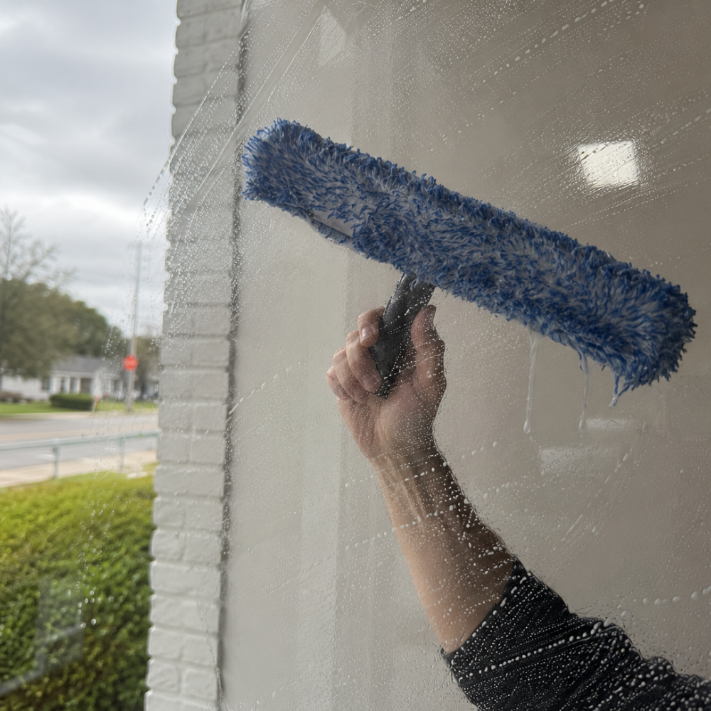 Person using a blue microfiber squeegee to clean a window outdoors during cloudy weather.