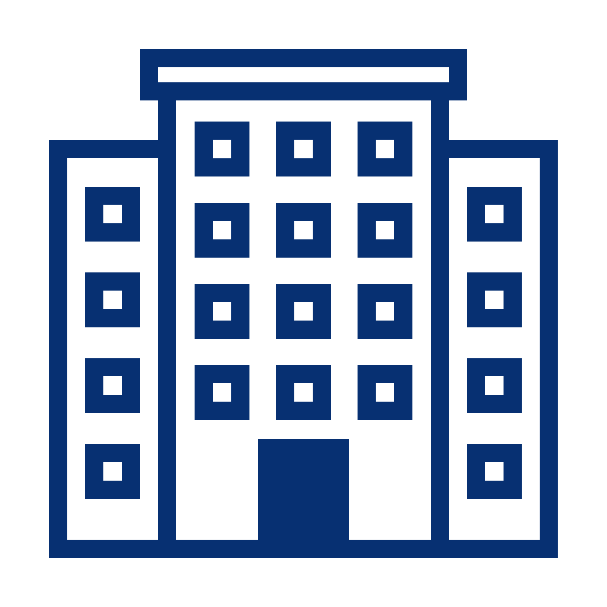 A pixelated graphic of a multi-story building with a flat roof, windows, and a blue color scheme.