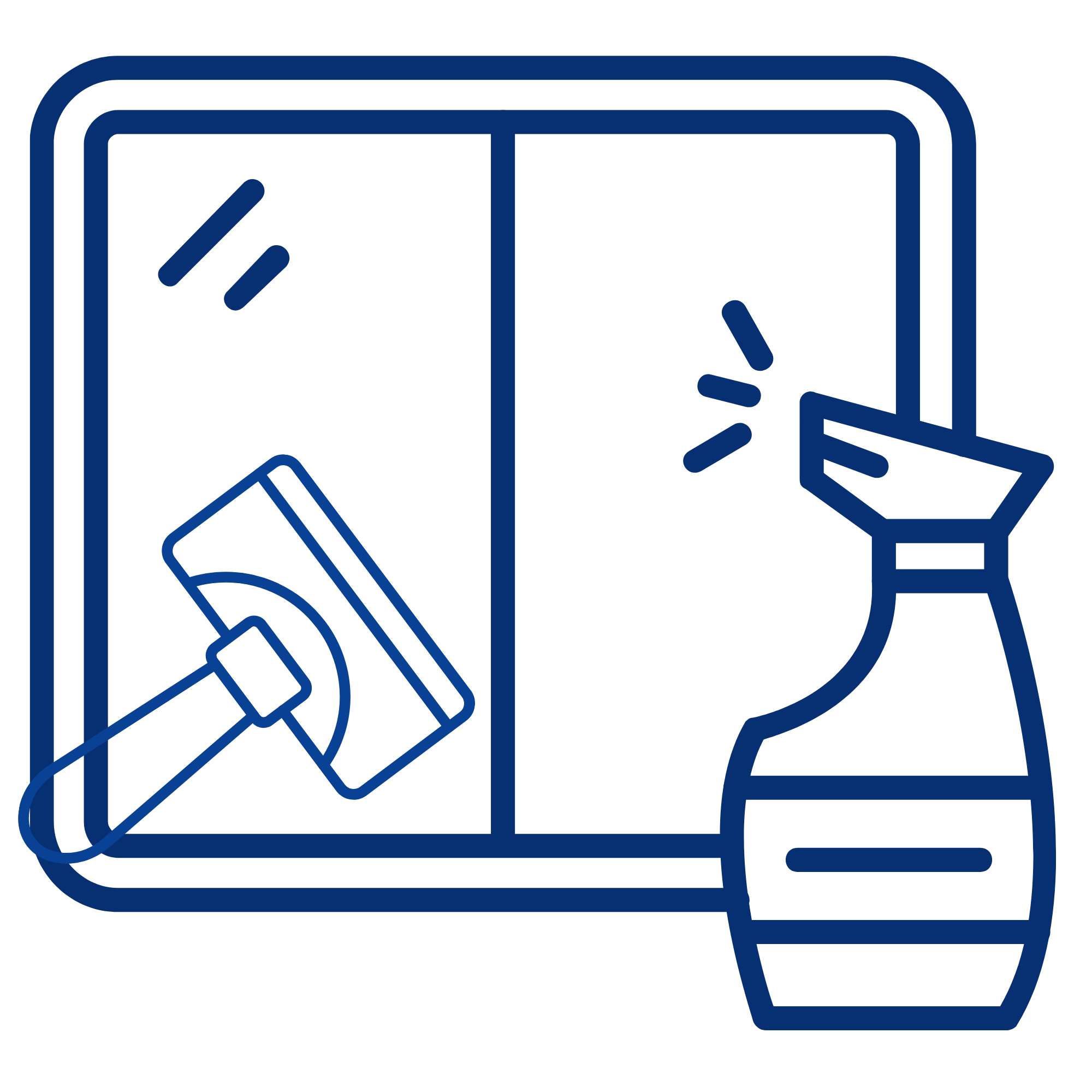 Line drawing of a household kitchen with refrigerator, stove, and countertop, in dark blue outline style.