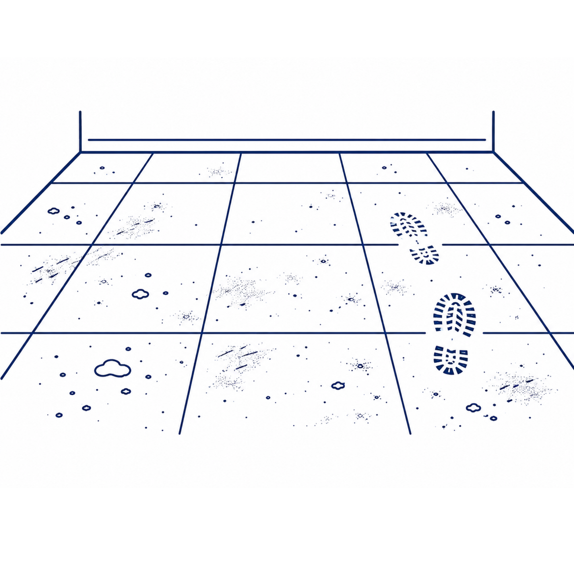 A digitally illustrated floor plan layout with a grid, footprints, and footsteps, and some spray paint or ink splatters on the floor.