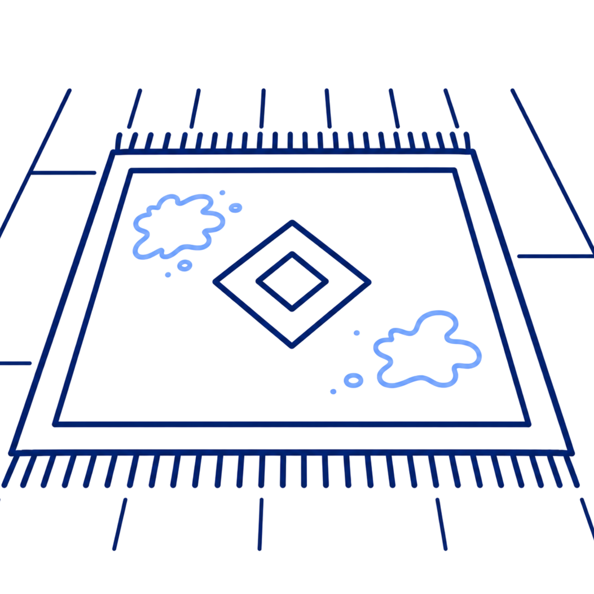Neon outline of a house with a gabled roof, chimney, and front porch, illuminated in blue neon lights.
