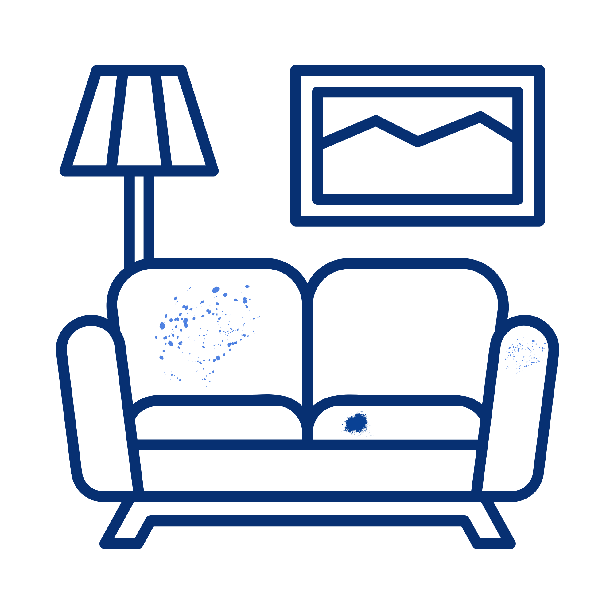 Line drawing of a person sitting at a laptop with a desk lamp and a computer monitor showing a graph in the background.