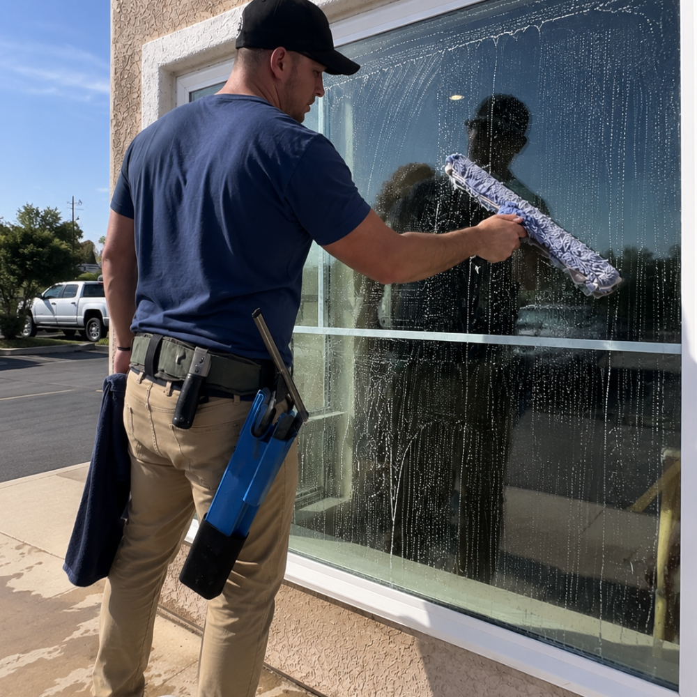 A man cleaning a window with a squeegee outside a building on a sunny day.