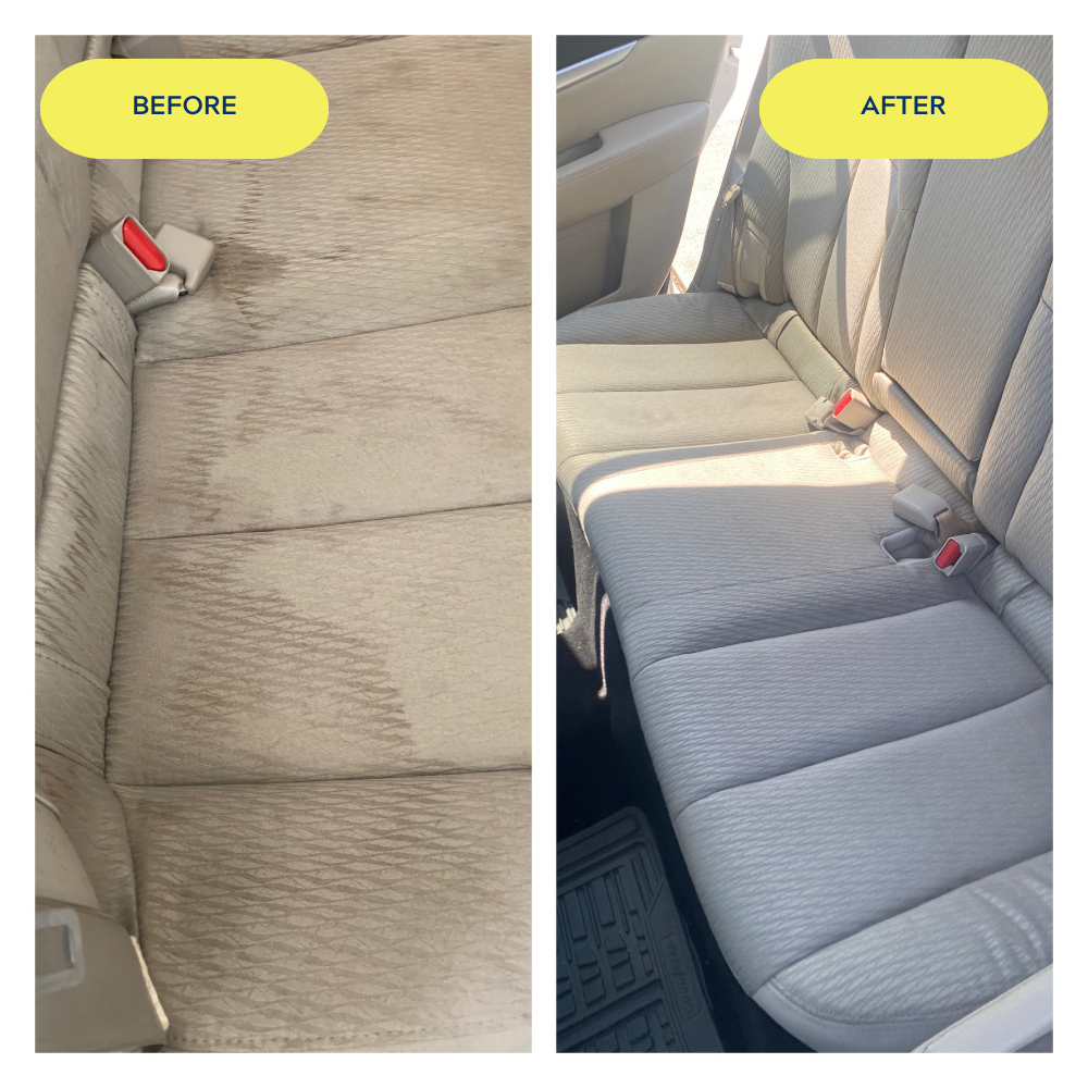 Comparison of car seats before and after cleaning, showing a stained beige fabric seat on the left and a clean, light gray fabric seat on the right.
