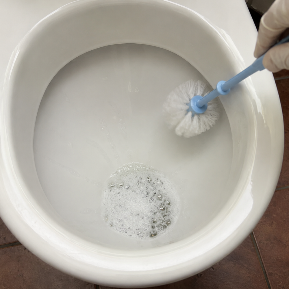Cleaning the inside of a white toilet bowl with a toilet brush.