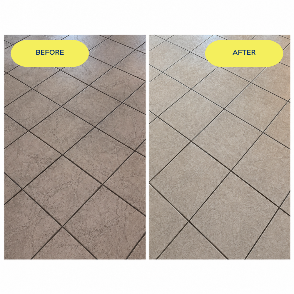 Side-by-side comparison of tiled floors labeled 'Before' and 'After,' showing cleaning results. The 'Before' floor appears dirtier and darker, while the 'After' floor is cleaner and lighter.