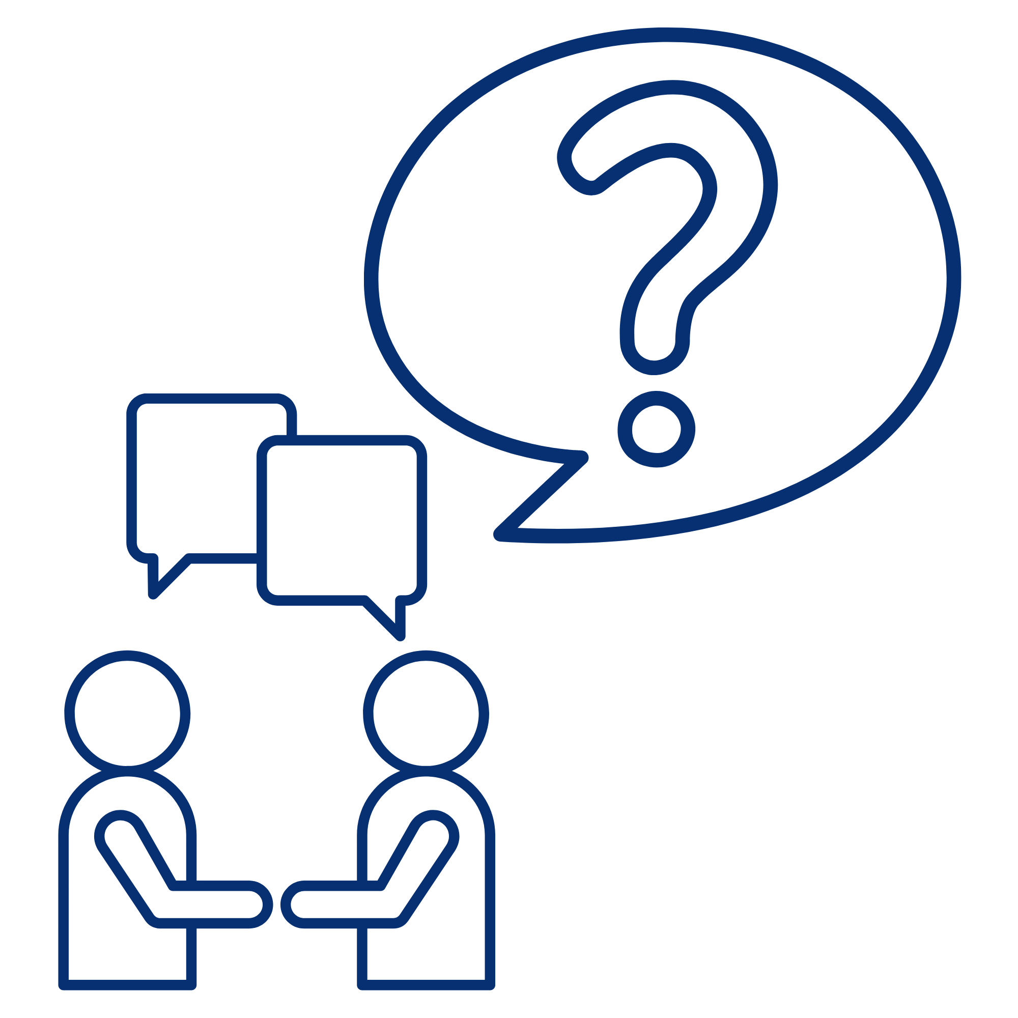 Line drawing of a person with speech bubbles and a large question mark.