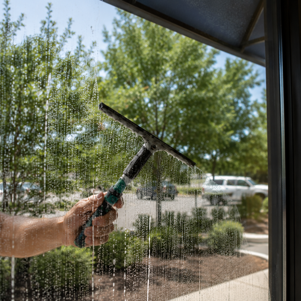 A person cleaning a large window with a squeegee, water droplets on the glass, trees outside, and parked cars visible in the background.