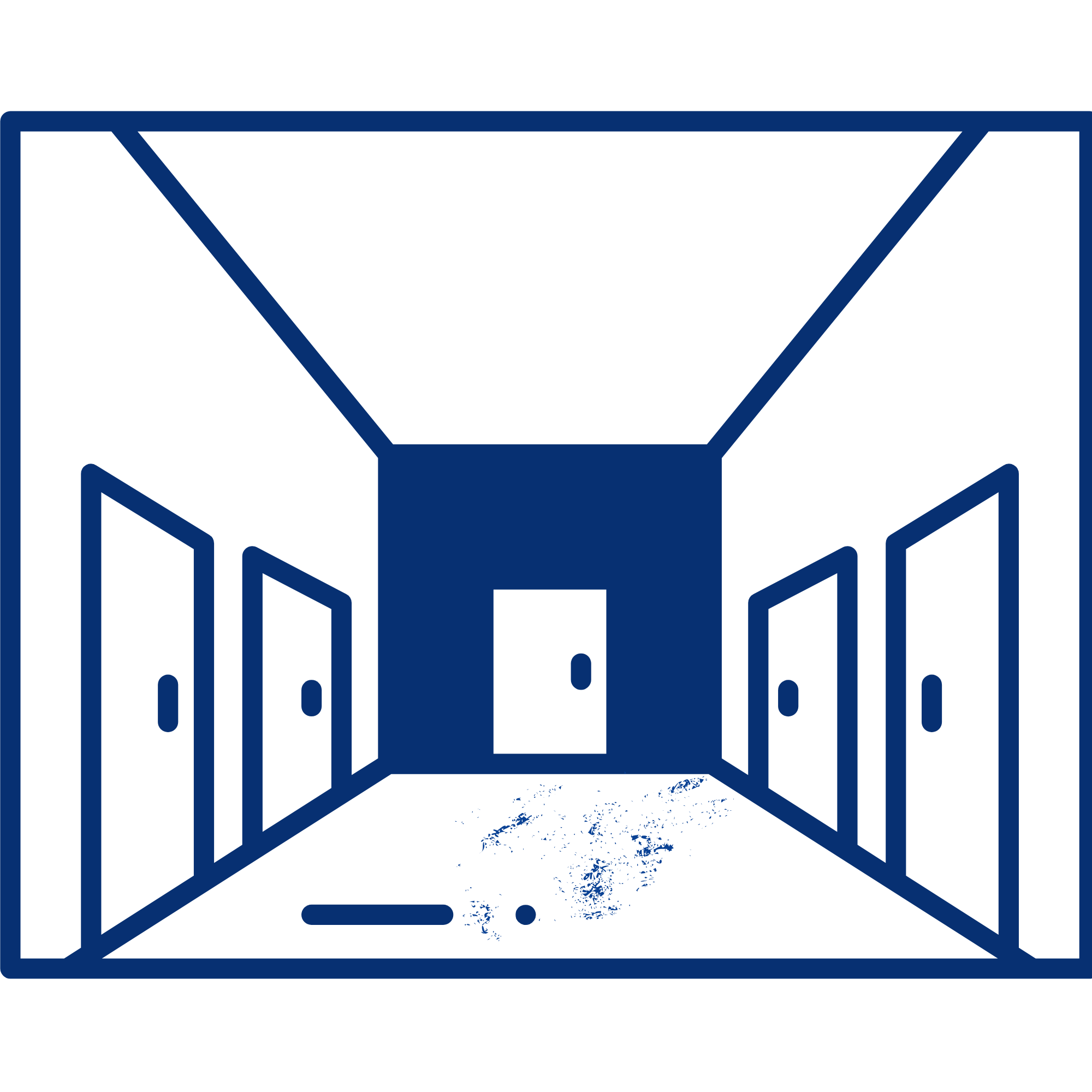 Illustration of a blue open-fronted box with a geometric design on the sides, viewed from above.