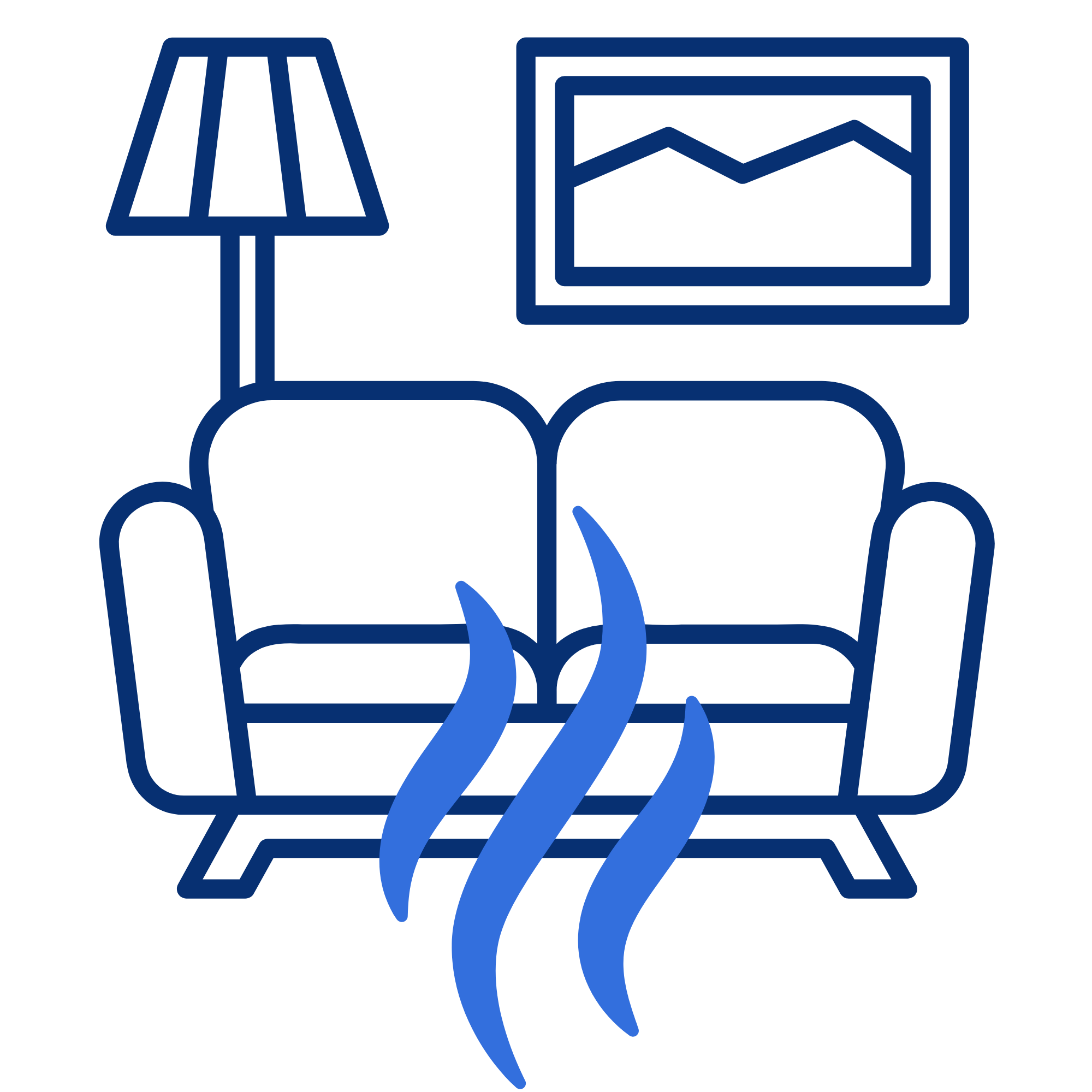 Blue line drawing of a person sitting at a desk with a computer, desk lamp, and open book.