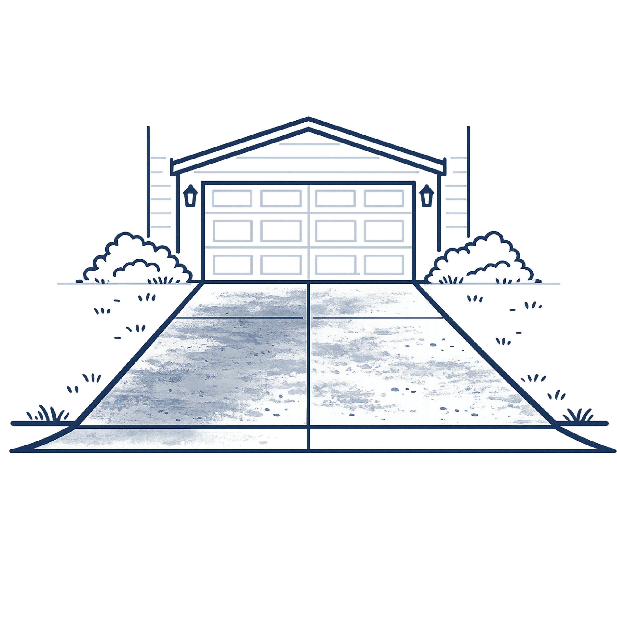Illustration of a suburban house with a peaked roof, a garage door in the front, and bushes on either side of the driveway.