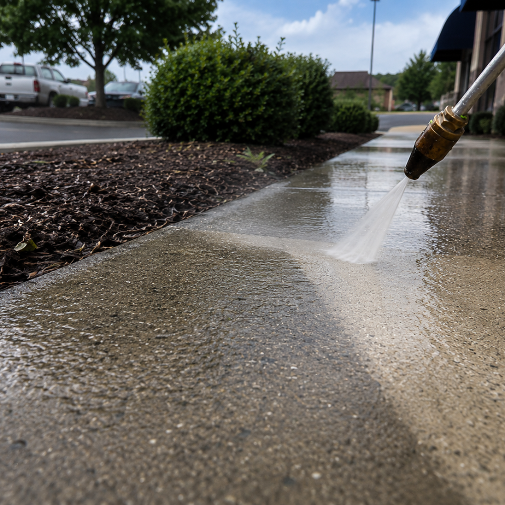 Close-up of a power washer nozzle spraying water on a concrete sidewalk next to a landscaped area with mulch and bushes, in front of a building and parking lot.