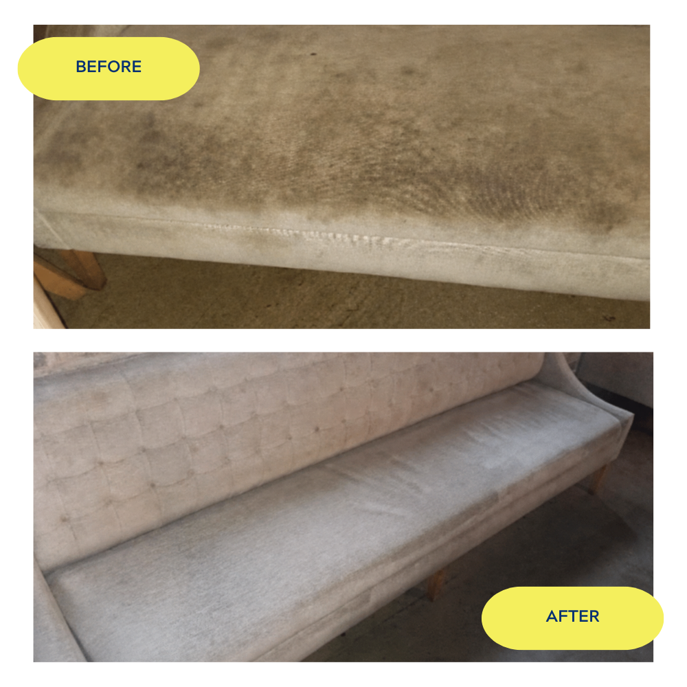 Comparison of a sofa's surface before and after cleaning; the top image shows a stained, dirty couch, while the bottom image shows a clean, refreshed couch.