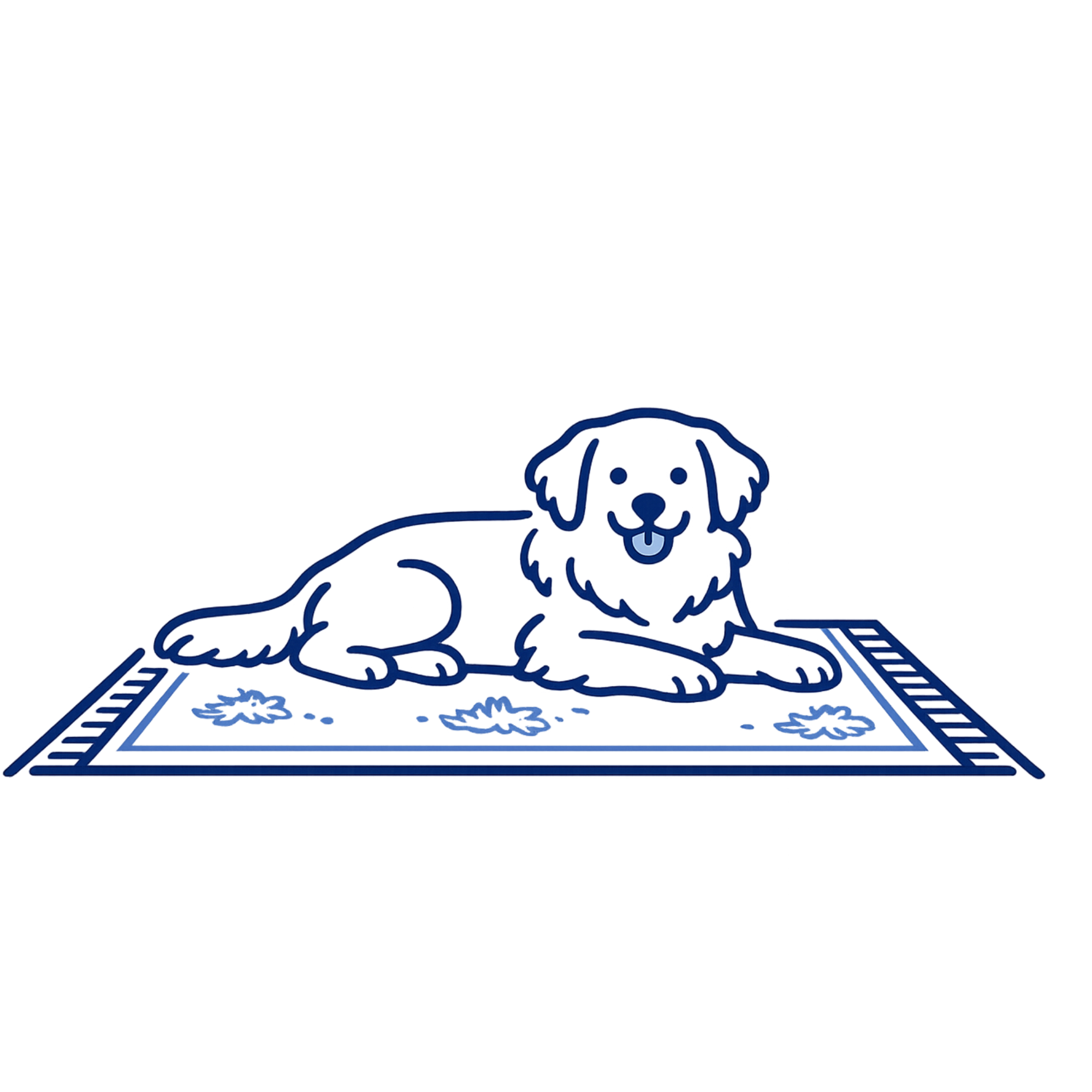 An illustration of a dog lying on a patterned rug in front of a doghouse with a bone hanging on its side.
