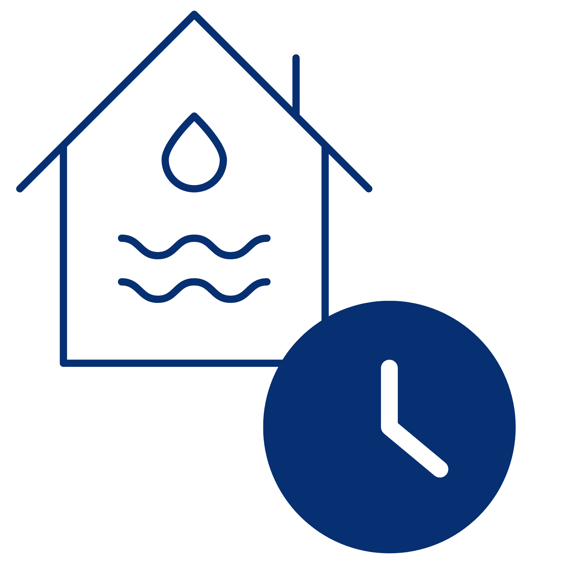 Icon of a person in front of a house with water waves and a droplet symbol, representing water conservation or water management.