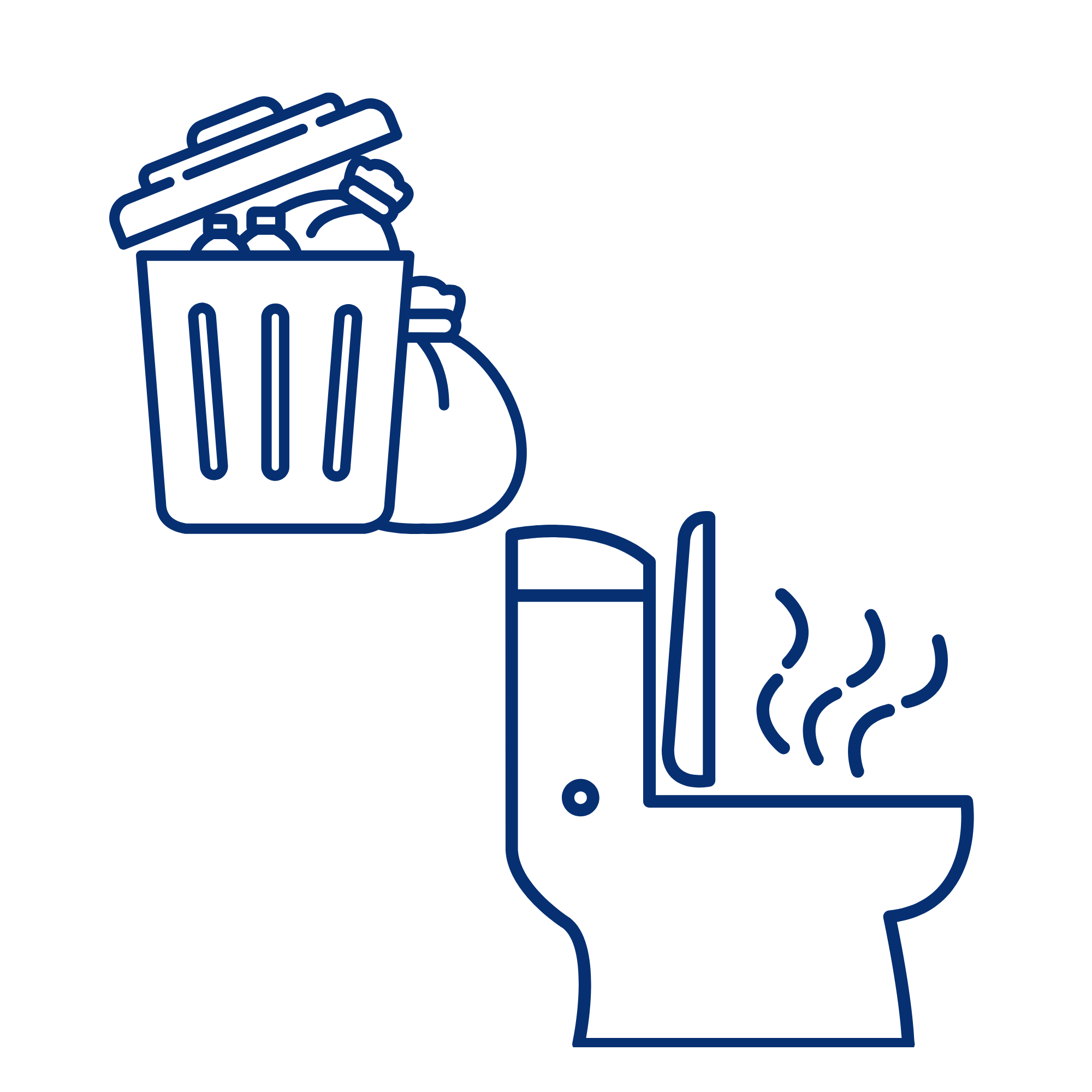 Line drawing of a person holding a drink in front of a trash can overflowing with trash and a hot dog in a bun.