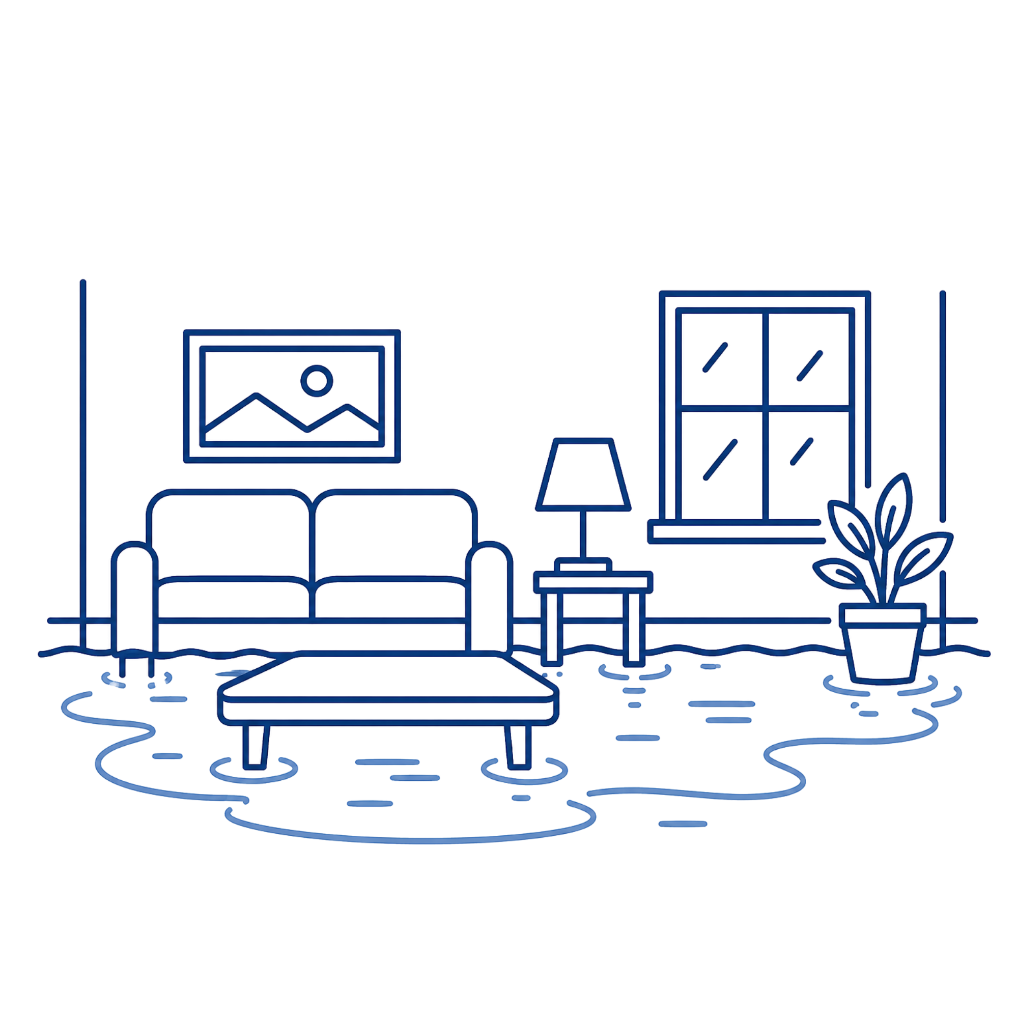 A minimalist line drawing of a cozy living room with a sofa, a picture frame, a coffee table, a lamp, a cabinet, a window, and a potted plant.