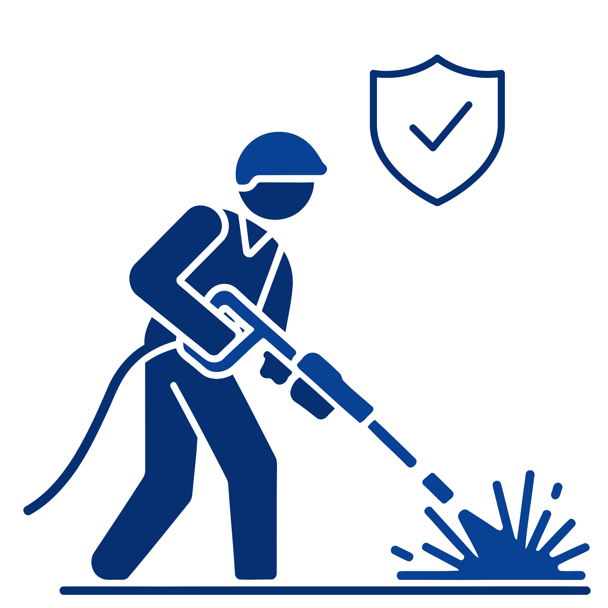 A blue outline illustration of a person wearing safety glasses and ear protection, wielding an angle grinder with sparks flying from the grinding wheel, accompanied by a shield icon with a checkmark.