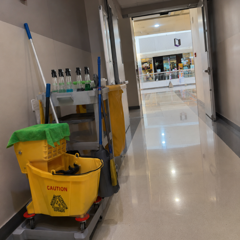 A cleaning cart with spray bottles, a mop, and a yellow caution mop bucket inside a hallway near an open door leading outside to a shopping mall.