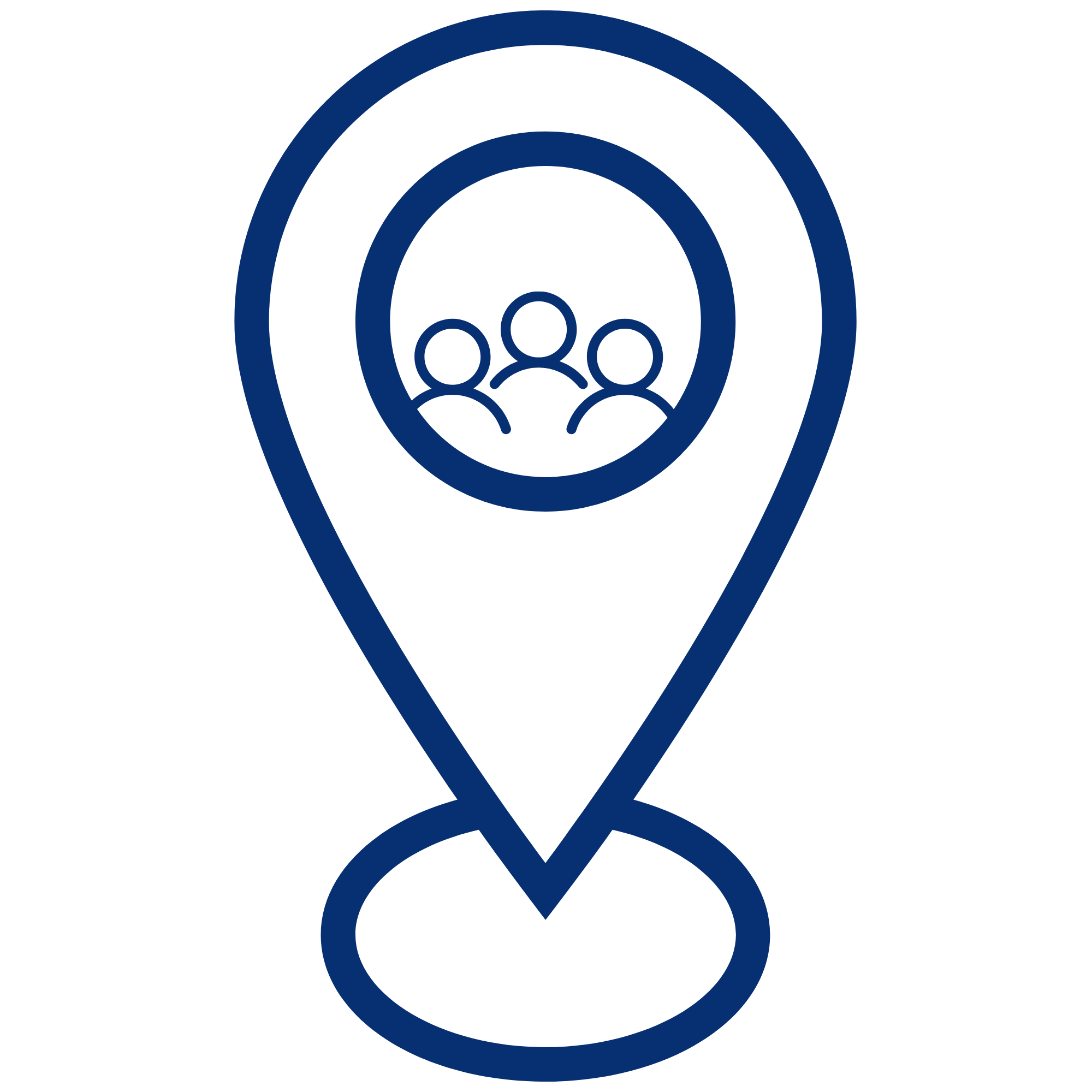 A dark blue map marker icon with three people silhouettes inside, representing a group or community.