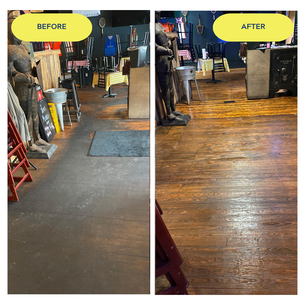 Comparison of a restaurant or cafe interior before and after cleaning the wooden floor. The 'before' side shows a dusty, dull, and worn-out floor with visible dust and scratches. The 'after' side displays a clean, polished, and shiny wooden floor with a warm finish.